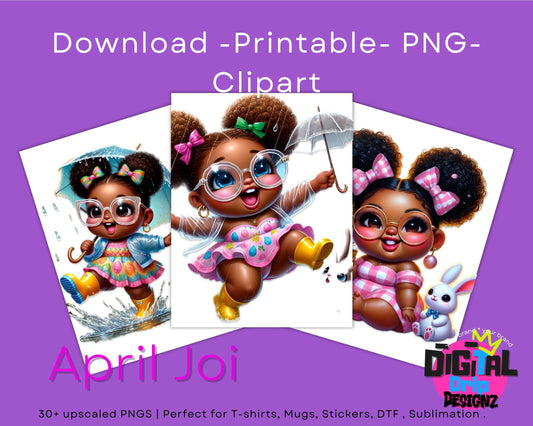 April Joi Clipart Bundle | Black Girl Spring Clip Art | Melanin Kids PNGs | Cute Afro Toddler Art for Planners, Journals, Crafts, Stickers