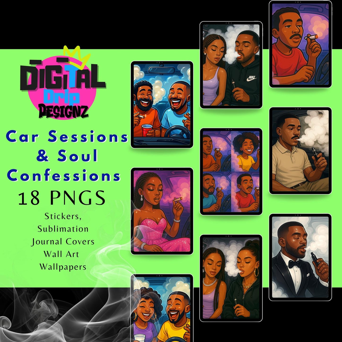 Car Sessions & Soul Confessions 420 Clipart Bundle | Urban Vibe Smoking Scenes | Melanin Characters |Glossy Al Art | PNG for POD/ Digitals