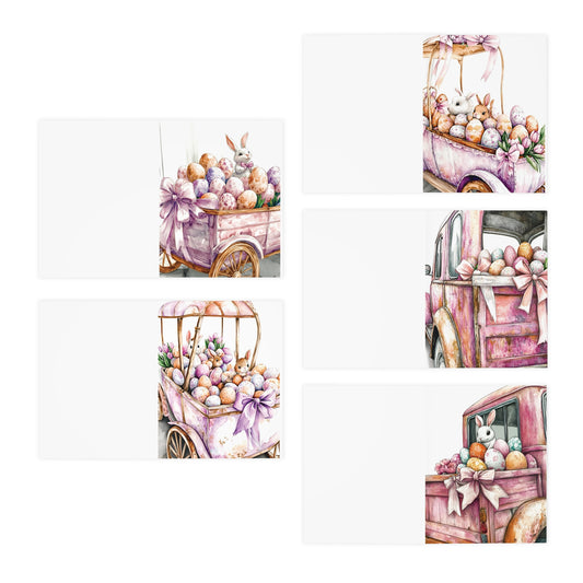 Greeting Cards, Watercolor Bunny and Truck Design, Chic and Eloquent, 5-Pack, Blank Inside, Stationery Set, Note Cards, Thank You Cards,