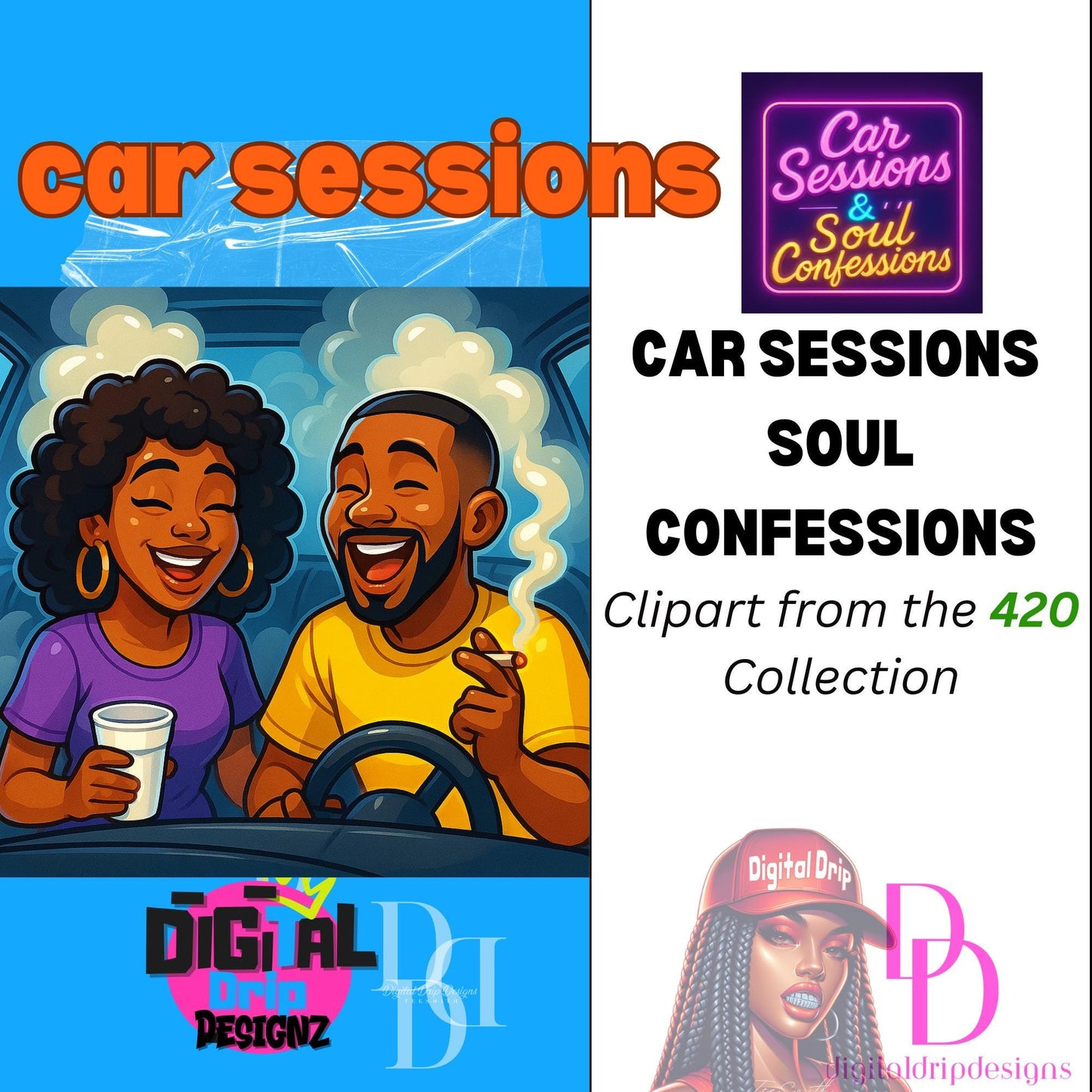 Car Sessions & Soul Confessions 420 Clipart Bundle | Urban Vibe Smoking Scenes | Melanin Characters |Glossy Al Art | PNG for POD/ Digitals