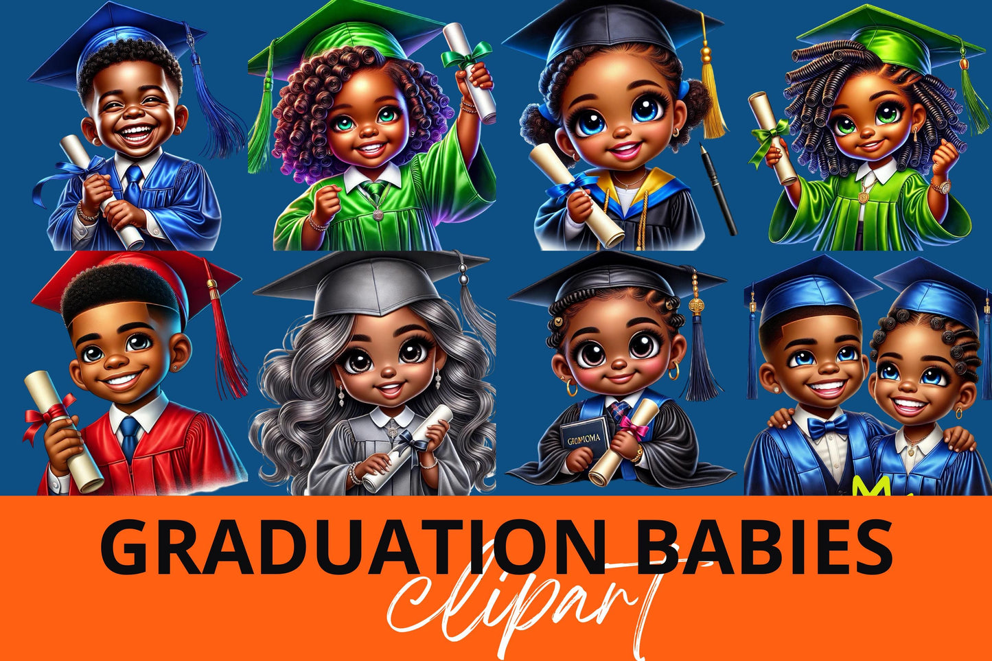 Graduation babies; 17 PNG upscale images African American babies notebooks, stickers, invites print