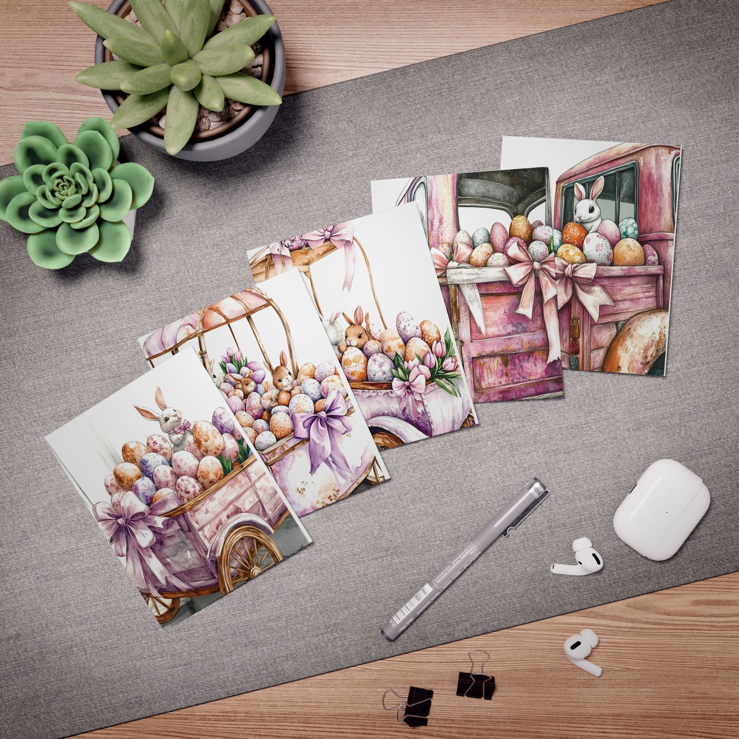 Greeting Cards, Watercolor Bunny and Truck Design, Chic and Eloquent, 5-Pack, Blank Inside, Stationery Set, Note Cards, Thank You Cards,