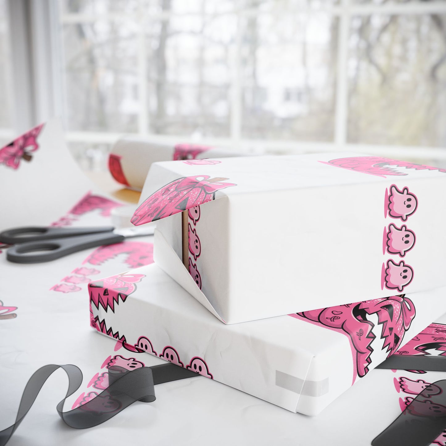 Cute ghost eating pink pumpkin Wrapping Paper - Fun Gift Wrap for Birthdays, Baby Showers, Holidays, Party Decor, Creative DIY Crafts