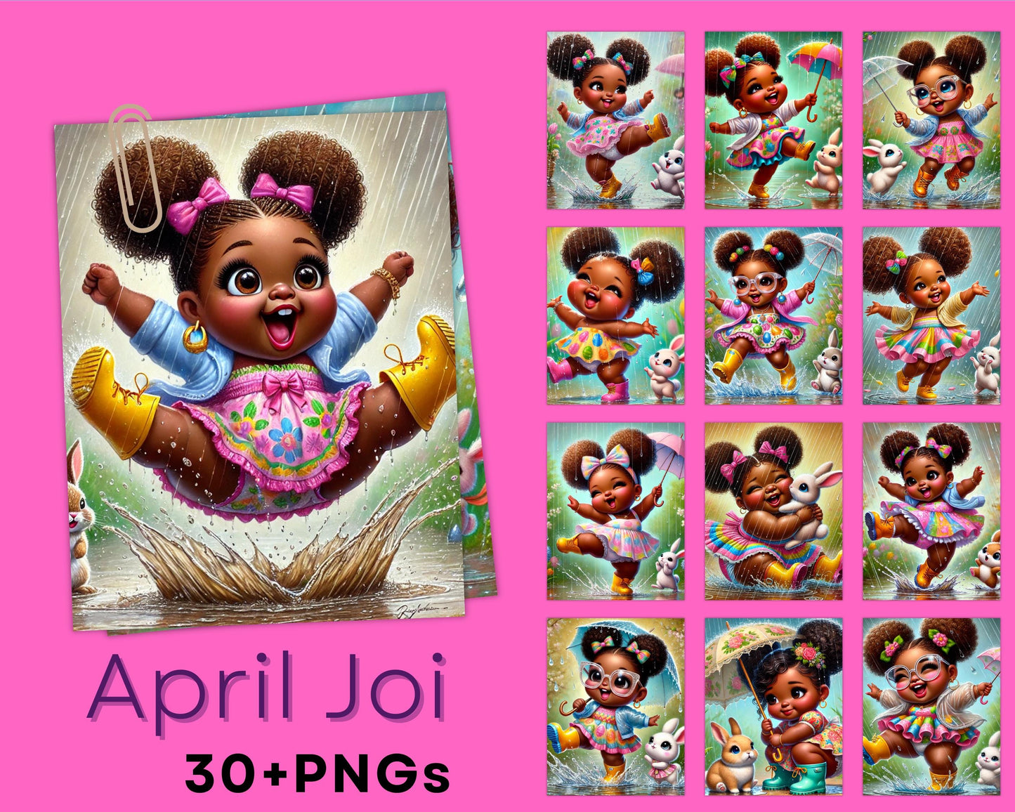 April Joi Black Girl Spring PNG Bundle | Cute Rainy Day Sublimation Art for T-Shirts, Cards, Mugs, Stickers | 30+ chubby Melanin Printables