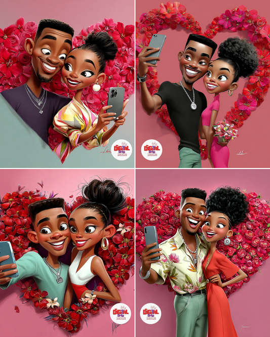 Selfie Love Valentine Image Bundle: African American Couple Selfies, stickers, cards, social posts. image