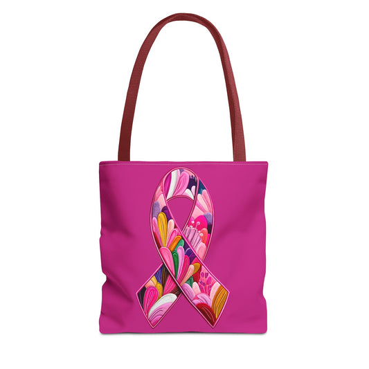 Pink Ribbon Floral Tote Bag, Eco-Friendly Shopping Bag, Breast Cancer Awareness, Gift for Her, Reusable Bag, Fashion Accessory