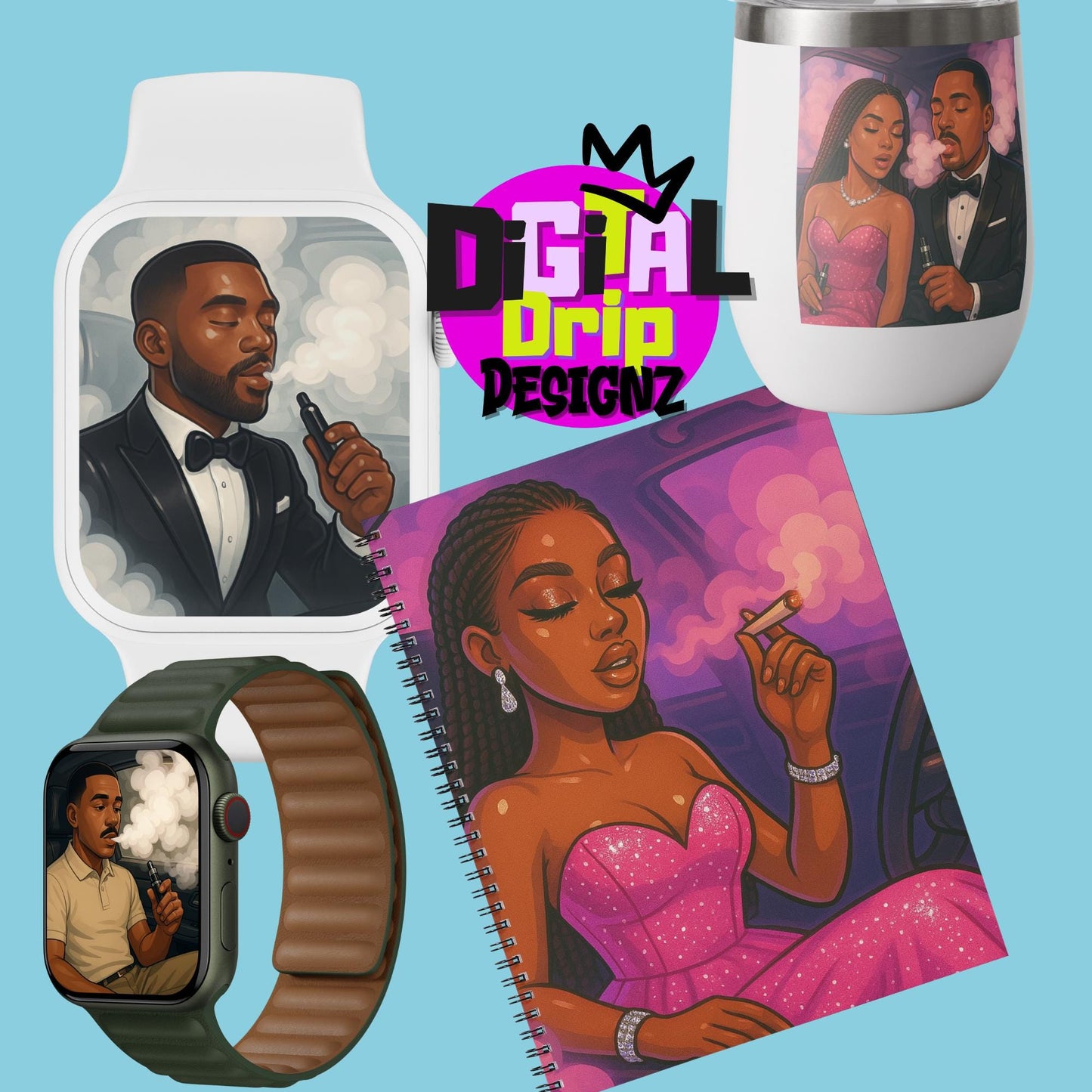 Car Sessions & Soul Confessions 420 Clipart Bundle | Urban Vibe Smoking Scenes | Melanin Characters |Glossy Al Art | PNG for POD/ Digitals