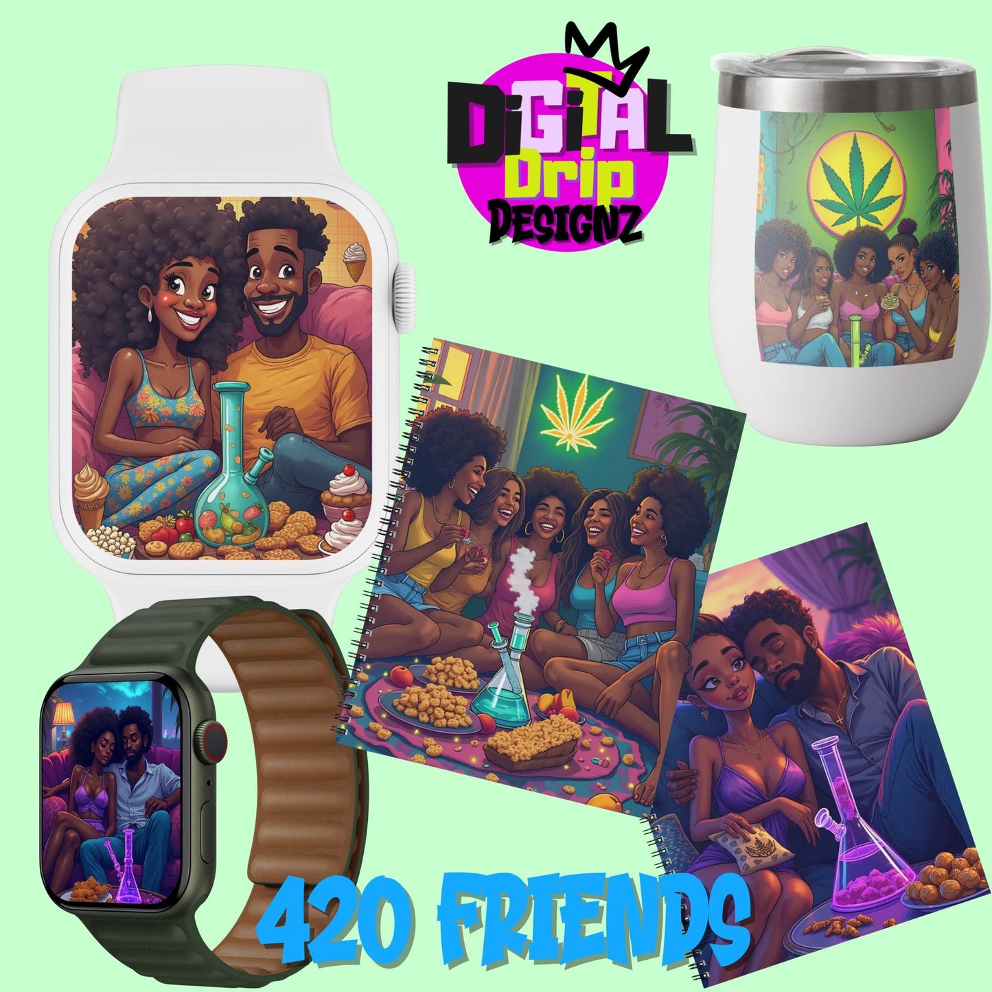 420 Friends PNG Bundle | Chill Vibes, Friends Couples Smoking Clipart | Afrocentric Cannabis Art | 40+PNGs for Stickers, POD & Sublimation