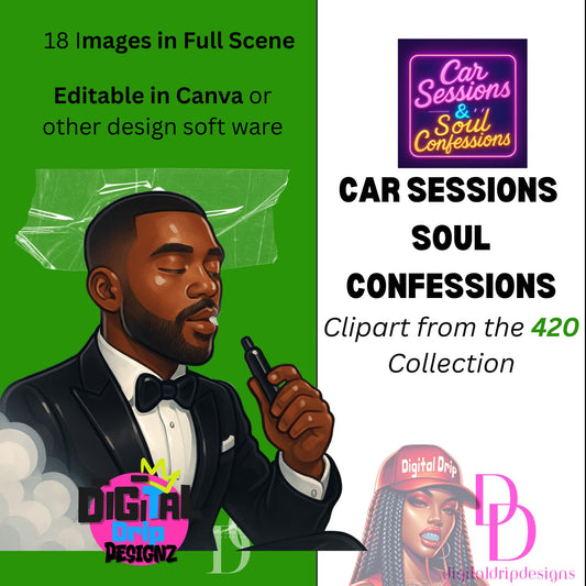 Car Sessions & Soul Confessions 420 Clipart Bundle | Urban Vibe Smoking Scenes | Melanin Characters |Glossy Al Art | PNG for POD/ Digitals