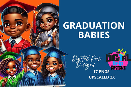 Graduation babies; 17 PNG upscale images African American babies notebooks, stickers, invites print