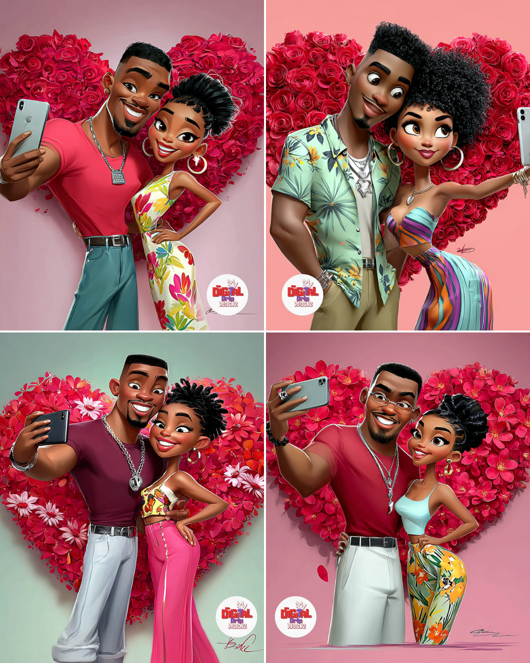 Selfie Love Valentine Image Bundle: African American Couple Selfies, stickers, cards, social posts. image
