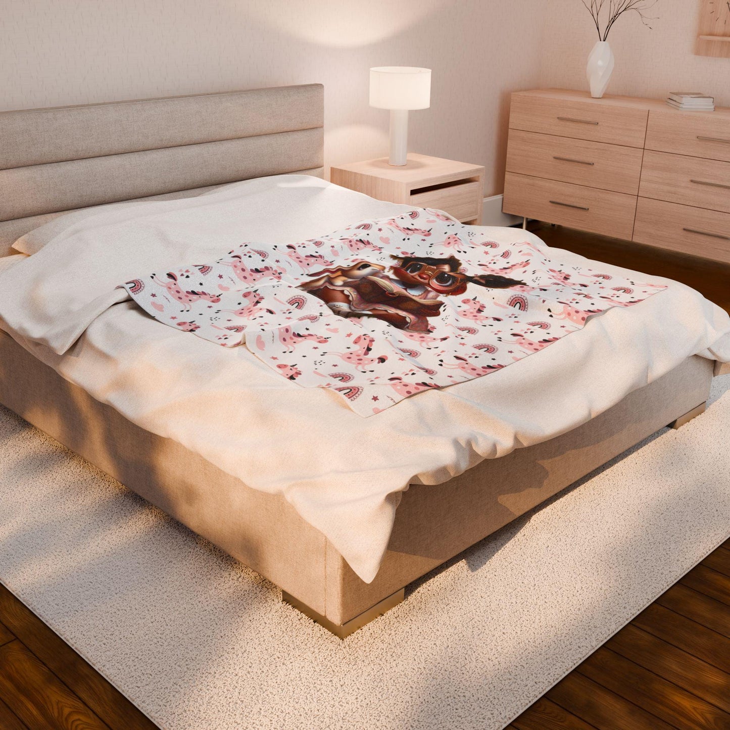 Cozy Illustrated Velveteen Plush Blanket for Kids, Cute Nursery Decor, Reading Blanket, Gift for Baby Showers, Kids' Room