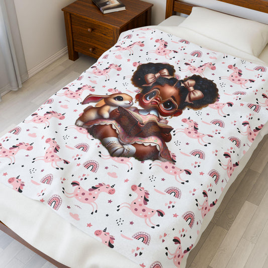 Cozy Illustrated Velveteen Plush Blanket for Kids, Cute Nursery Decor, Reading Blanket, Gift for Baby Showers, Kids' Room