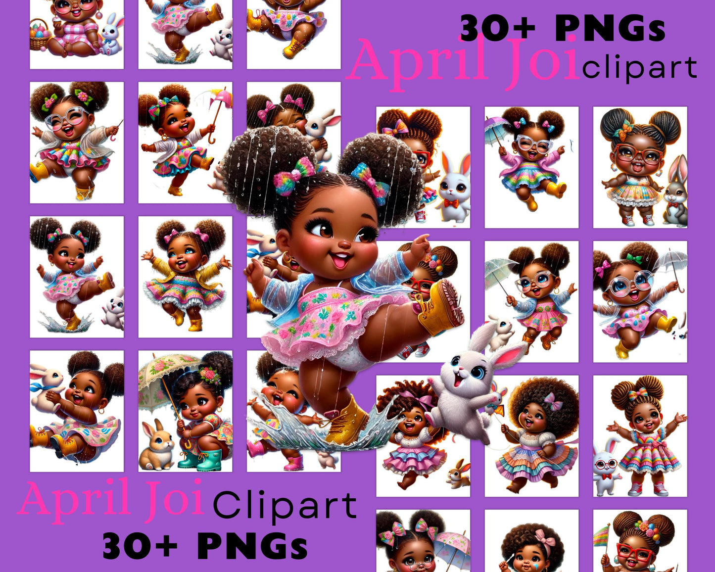 April Joi Clipart Bundle | Black Girl Spring Clip Art | Melanin Kids PNGs | Cute Afro Toddler Art for Planners, Journals, Crafts, Stickers
