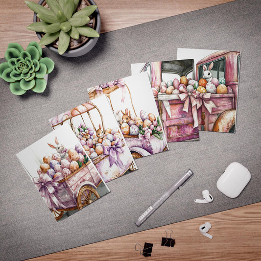 Greeting Cards, Watercolor Bunny and Truck Design, Chic and Eloquent, 5-Pack, Blank Inside, Stationery Set, Note Cards, Thank You Cards,