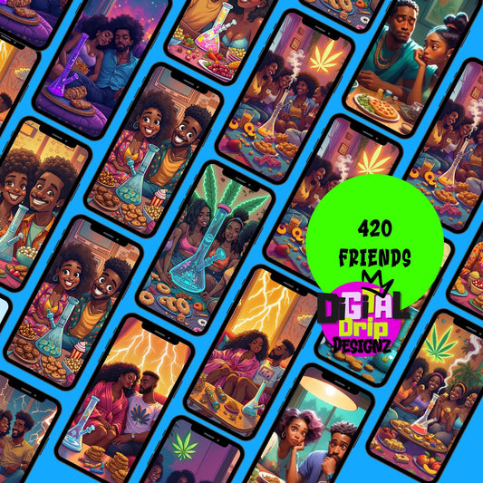 420 Friends PNG Bundle | Chill Vibes, Friends Couples Smoking Clipart | Afrocentric Cannabis Art | 40+PNGs for Stickers, POD & Sublimation