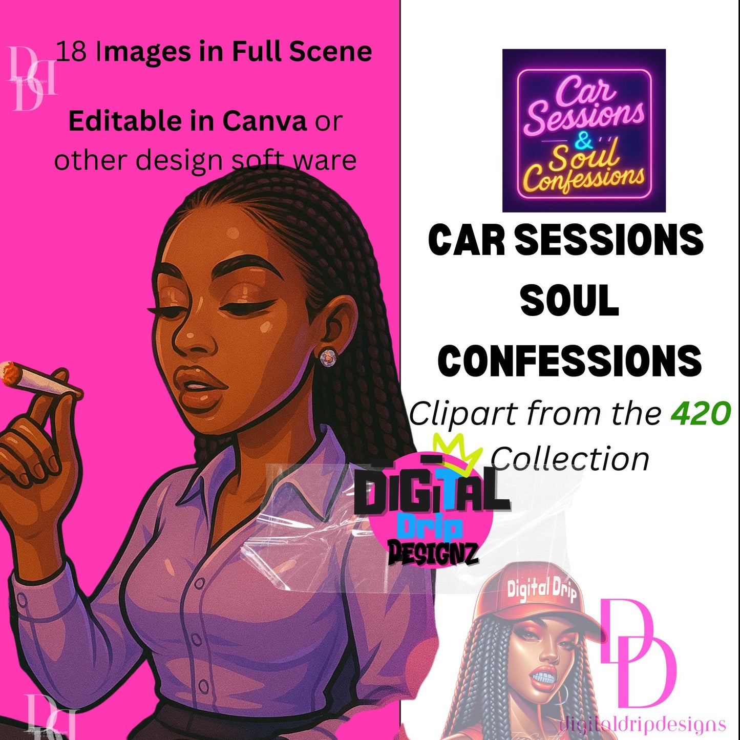 Car Sessions & Soul Confessions 420 Clipart Bundle | Urban Vibe Smoking Scenes | Melanin Characters |Glossy Al Art | PNG for POD/ Digitals