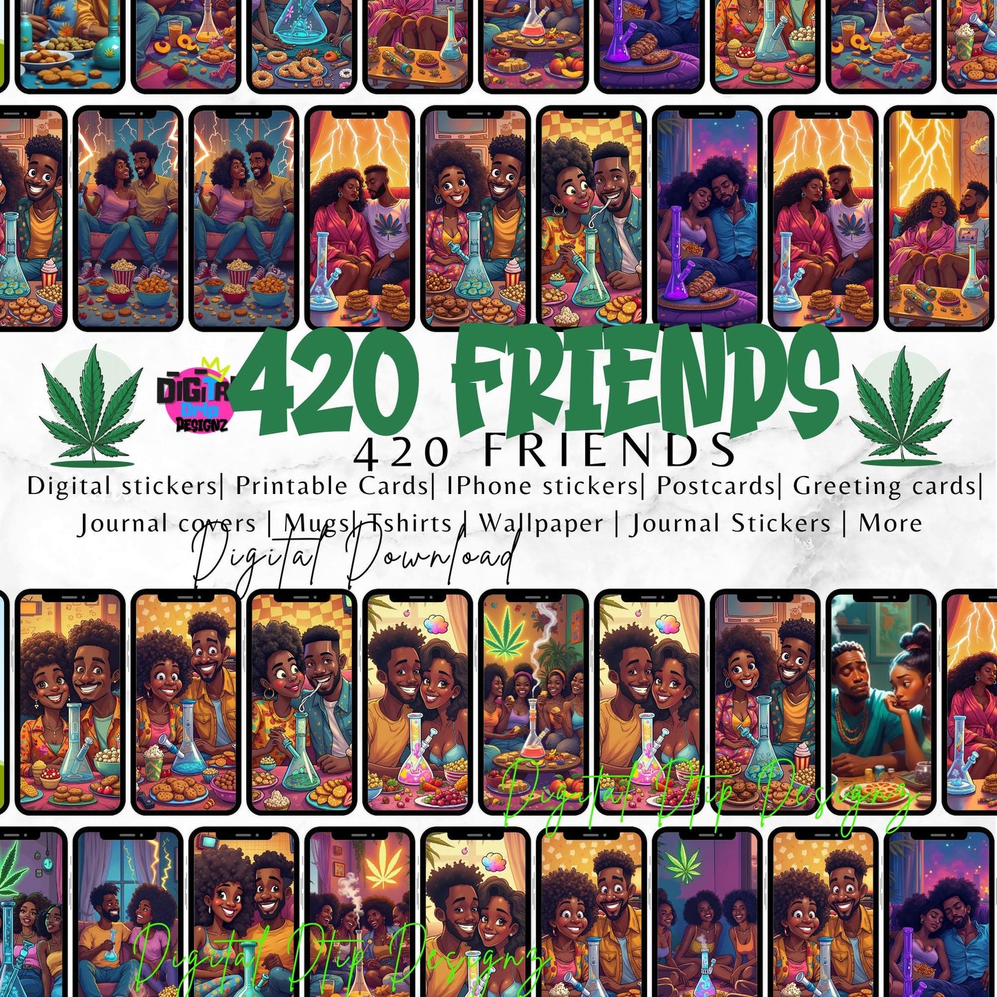420 Friends PNG Bundle | Chill Vibes, Friends Couples Smoking Clipart | Afrocentric Cannabis Art | 40+PNGs for Stickers, POD & Sublimation