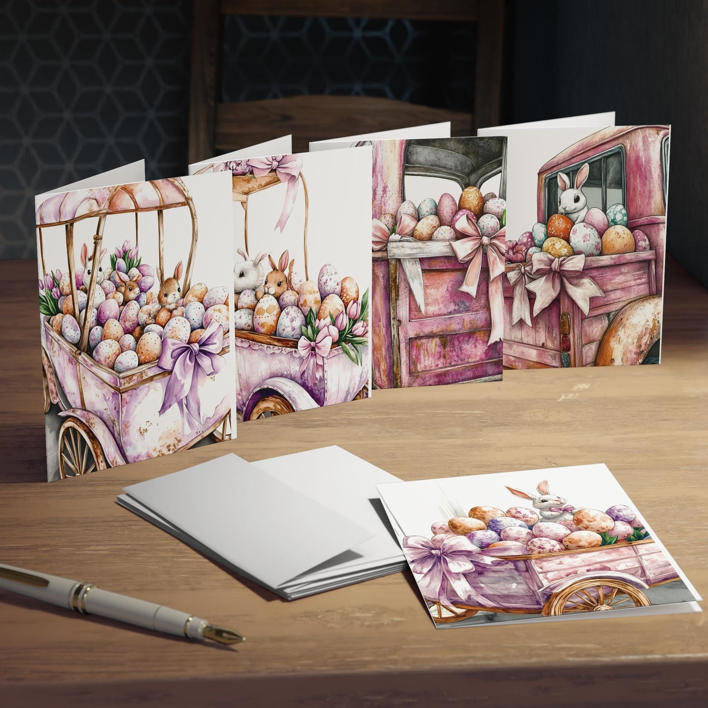 Greeting Cards, Watercolor Bunny and Truck Design, Chic and Eloquent, 5-Pack, Blank Inside, Stationery Set, Note Cards, Thank You Cards,