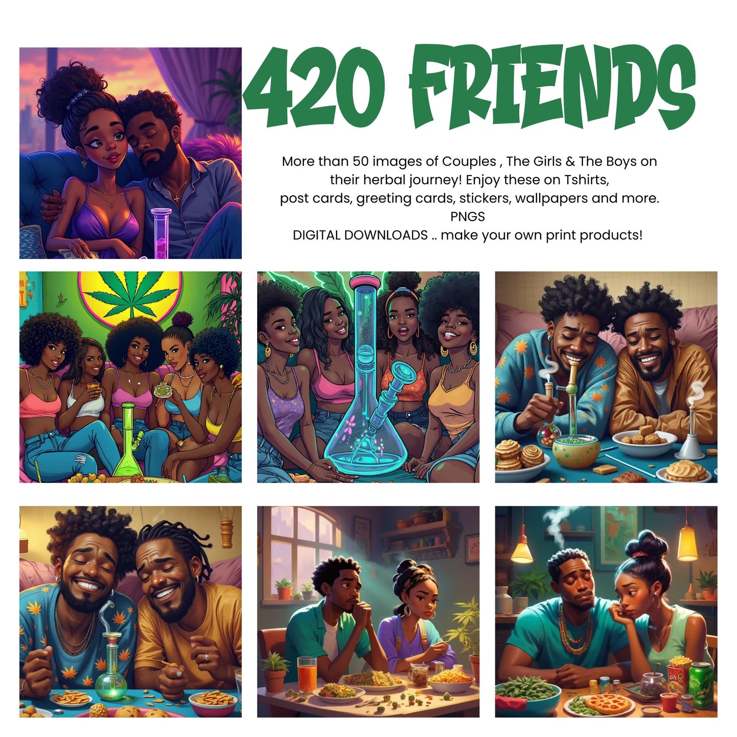 420 Friends PNG Bundle | Chill Vibes, Friends Couples Smoking Clipart | Afrocentric Cannabis Art | 40+PNGs for Stickers, POD & Sublimation