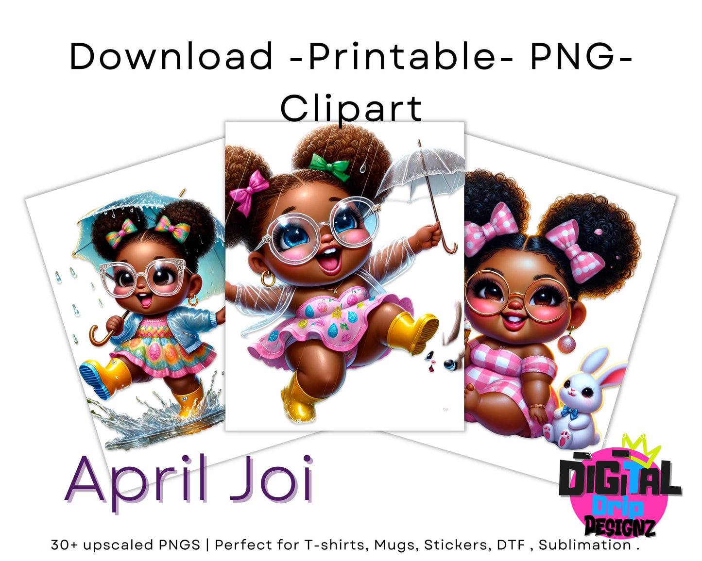 April Joi Clipart Bundle | Black Girl Spring Clip Art | Melanin Kids PNGs | Cute Afro Toddler Art for Planners, Journals, Crafts, Stickers