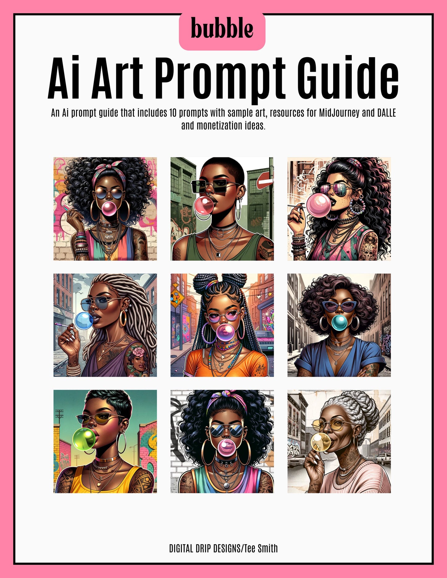 Pink Bubble CHAT GPT DALLE3| bubble Black Women| African American Characters| Chibi | Digital Downloads| graffiti. street| Prompt guide