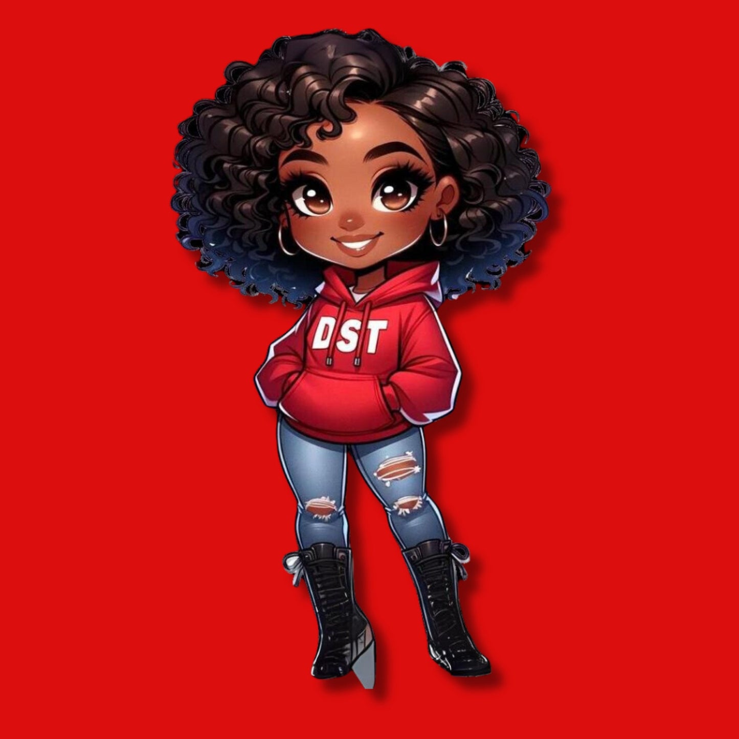 Chibi DST “Got it in the Pocket” Diva in red DST hoodie.