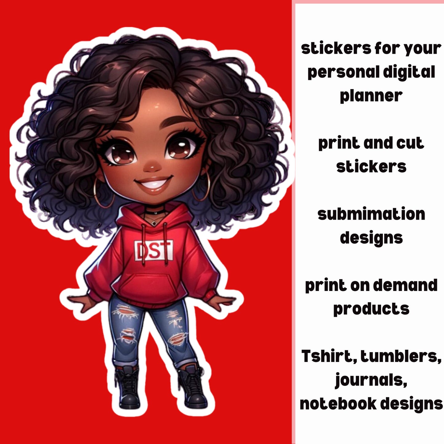 African American Chibi DST “All SMILES” Diva in red DST Sorority hoodie.