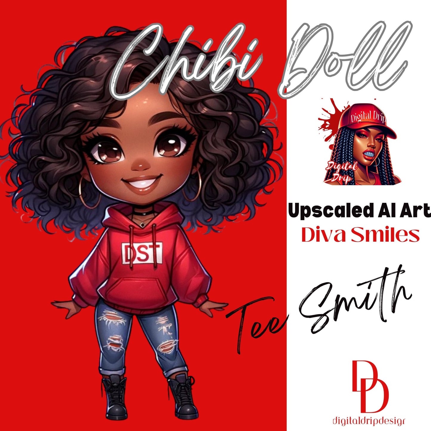 African American Chibi DST “All SMILES” Diva in red DST Sorority hoodie.