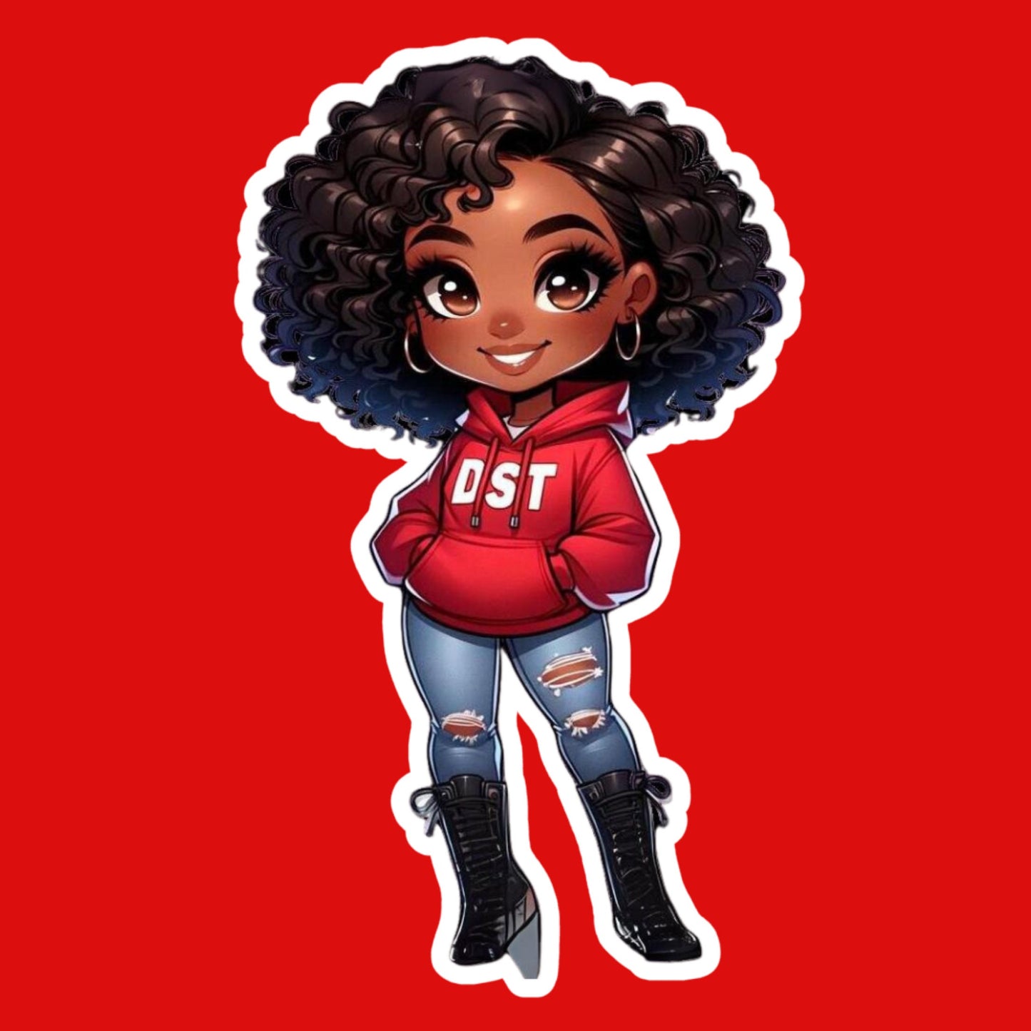 Chibi DST “Got it in the Pocket” Diva in red DST hoodie.