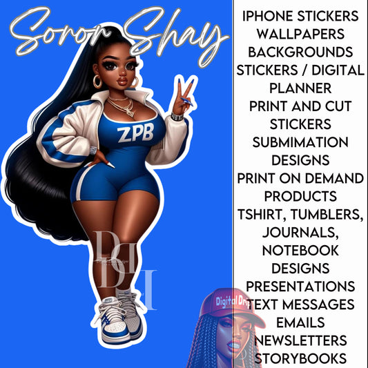 Soror SHAY African American “Sorority Special: ZPB Zeta Themed Chibi Doll, Versatile Zeta Phi Beta Digital Download, PNG Clipart