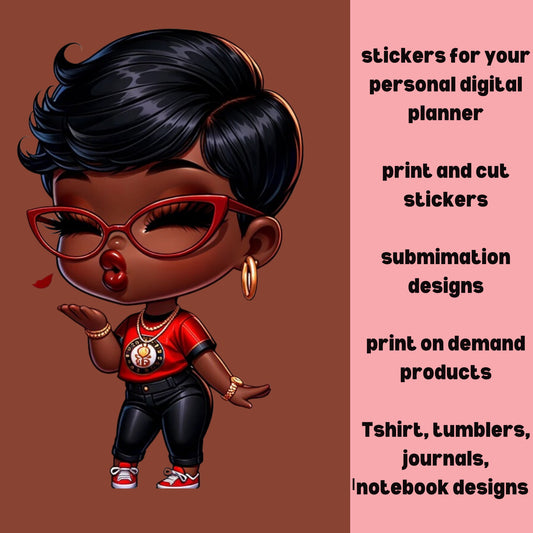 Kissy Face African American Trendy Chibi doll |sublimation| journals |stickers| GoodNotes| Ai Art
