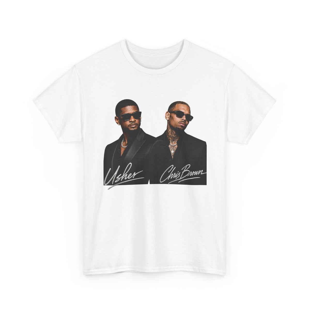 A Chris Brown Usher Raymond Concert RB Portrait Graphic Tee | Retro Double-Image Music Silhouette