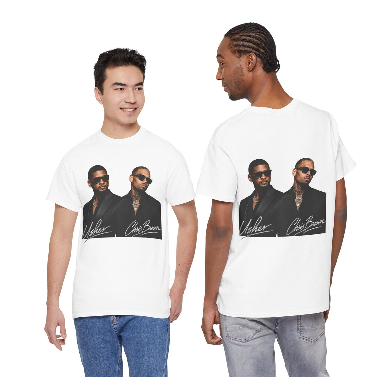 A Chris Brown Usher Raymond Concert RB Portrait Graphic Tee | Retro Double-Image Music Silhouette