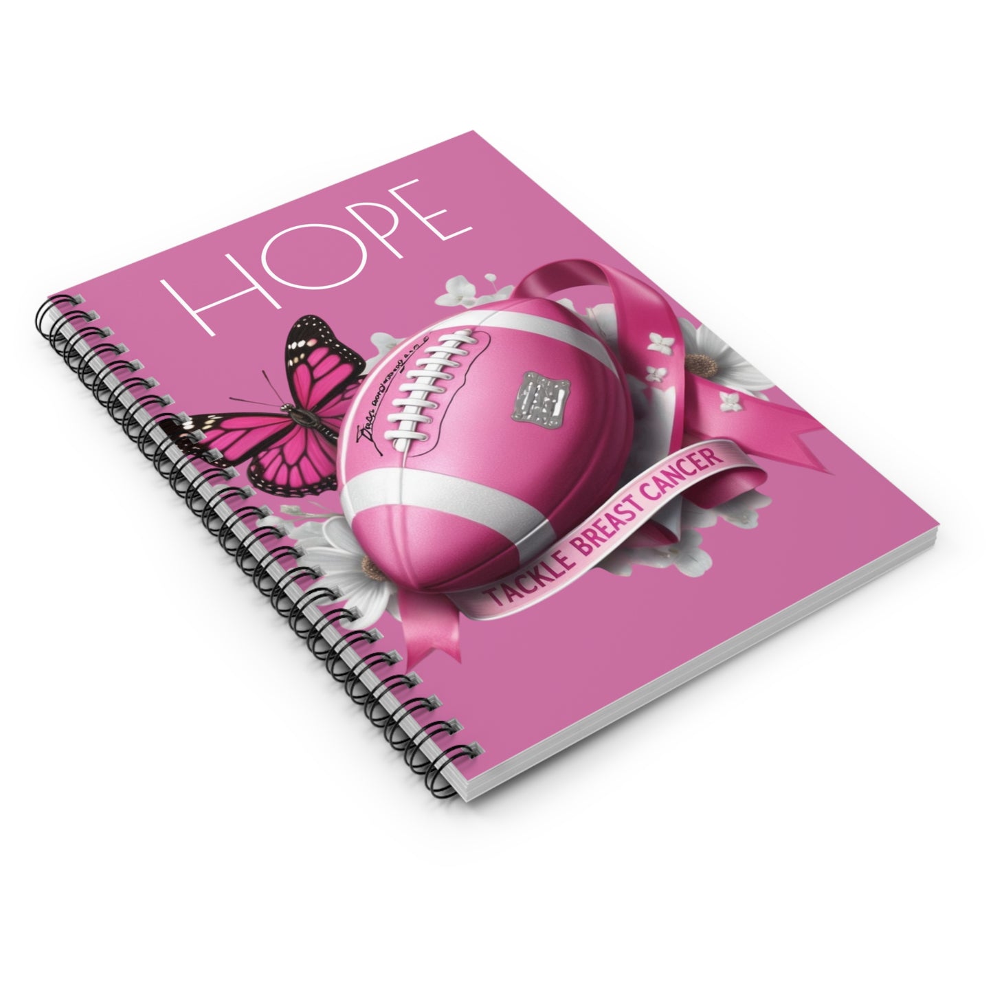 Pink Football Hope Notebook - Tackle Breast Cancer, Inspirational Journal, Gift for Awareness Month, Supportive Stationery, Butterfly Design