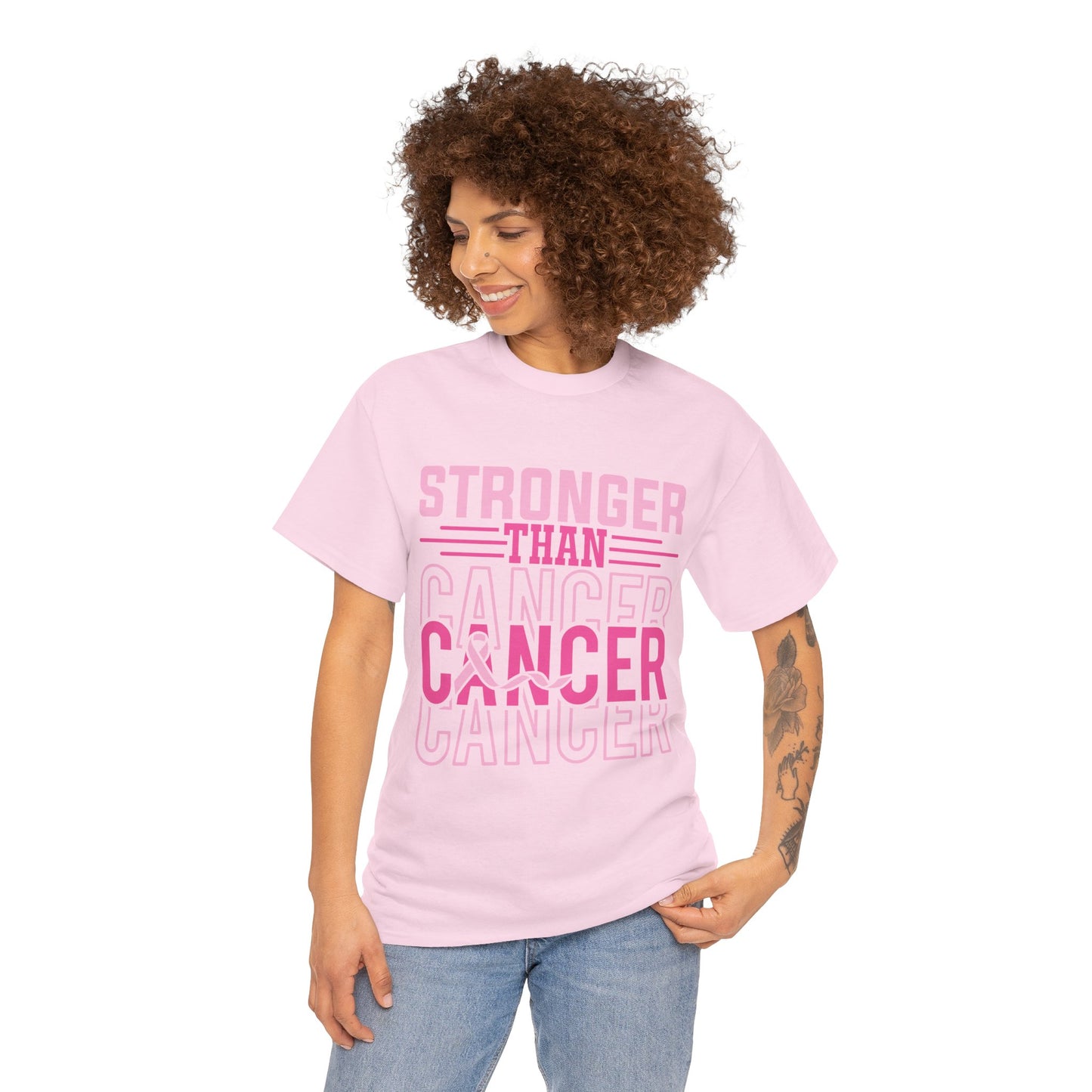 Unisex Heavy Cotton Tee with 'Stronger Than Cancer' Print, Inspirational Tee, Gift for Breadt Cancer Awareness, Support Shirt, Comfort Fit Tee