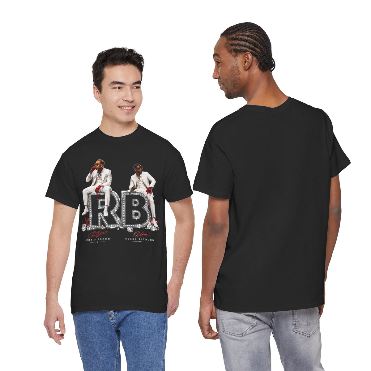 Usher Raymond Chris Brown RB Duo Graphic Tee | Black Rhinestone Lettering, Male Singers Illustration