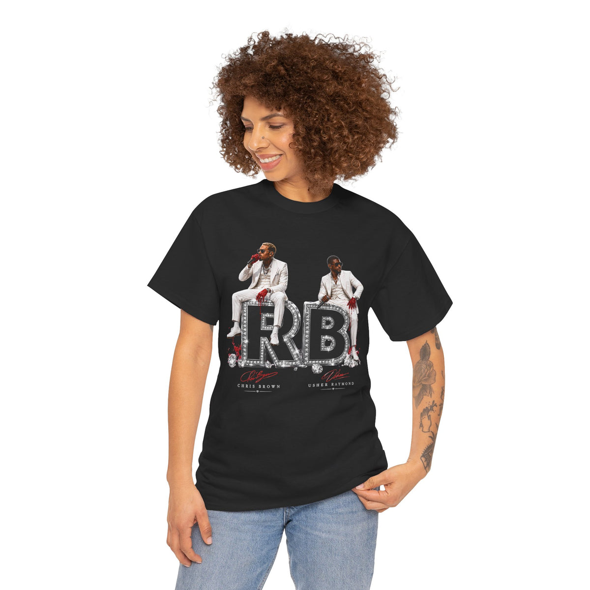 Usher Raymond Chris Brown RB Duo Graphic Tee | Black Rhinestone Lettering, Male Singers Illustration