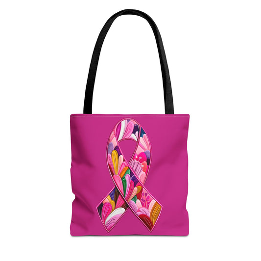 Pink Ribbon Floral Tote Bag, Eco-Friendly Shopping Bag, Breast Cancer Awareness, Gift for Her, Reusable Bag, Fashion Accessory