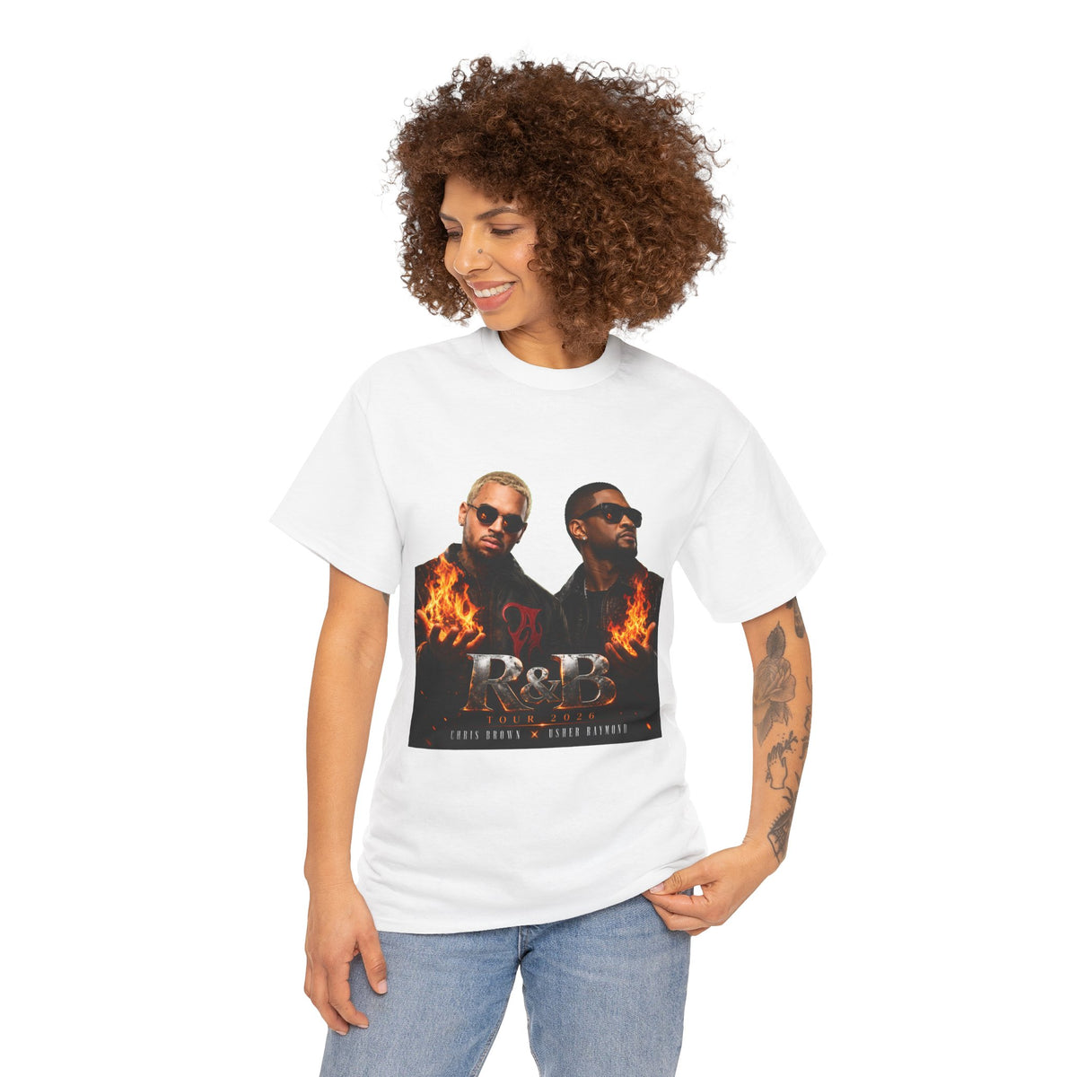 Chris Brown Usher Raymond Concert RB Portrait Graphic Tee | Retro Double-Image Music Silhouette