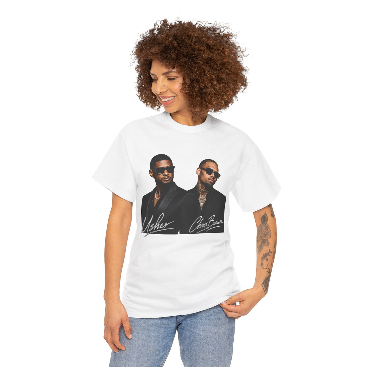 A Chris Brown Usher Raymond Concert RB Portrait Graphic Tee | Retro Double-Image Music Silhouette