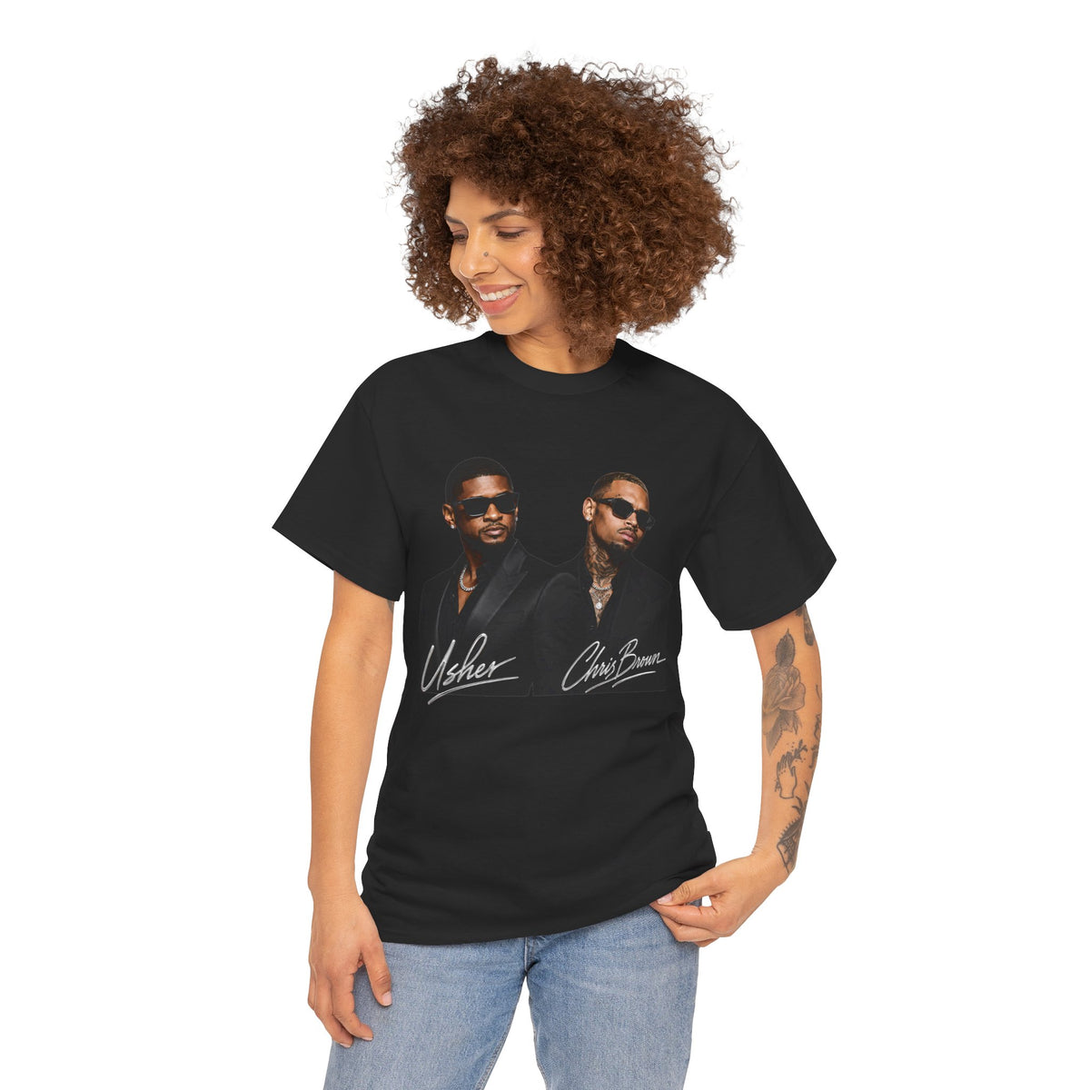 A Chris Brown Usher Raymond Concert RB Portrait Graphic Tee | Retro Double-Image Music Silhouette