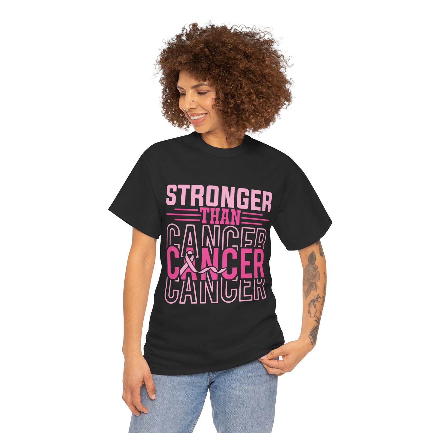 Unisex Heavy Cotton Tee with 'Stronger Than Cancer' Print, Inspirational Tee, Gift for Breadt Cancer Awareness, Support Shirt, Comfort Fit Tee
