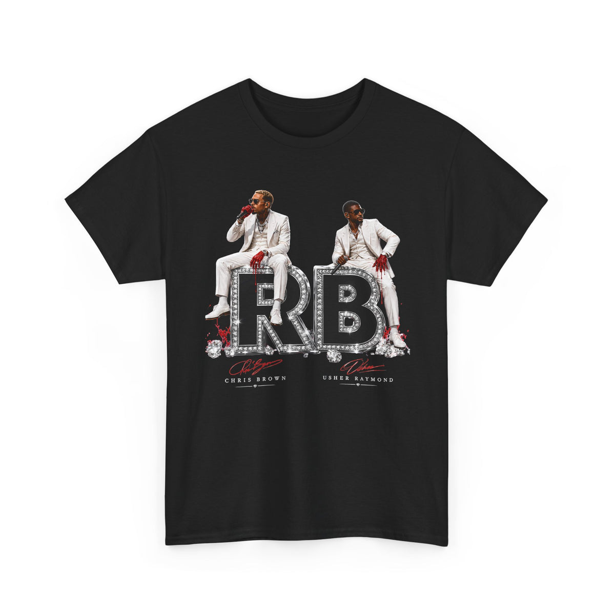 Usher Raymond Chris Brown RB Duo Graphic Tee | Black Rhinestone Lettering, Male Singers Illustration