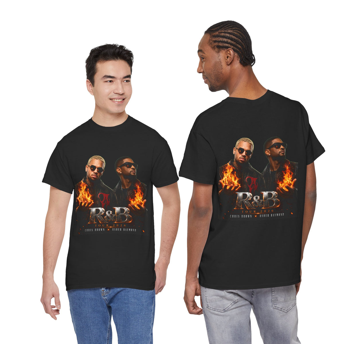 Chris Brown Usher Raymond Concert RB Portrait Graphic Tee | Retro Double-Image Music Silhouette