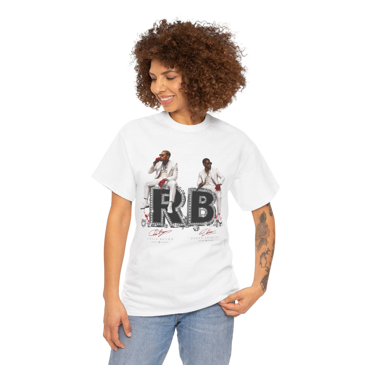 Usher Raymond Chris Brown RB Duo Graphic Tee | Black Rhinestone Lettering, Male Singers Illustration