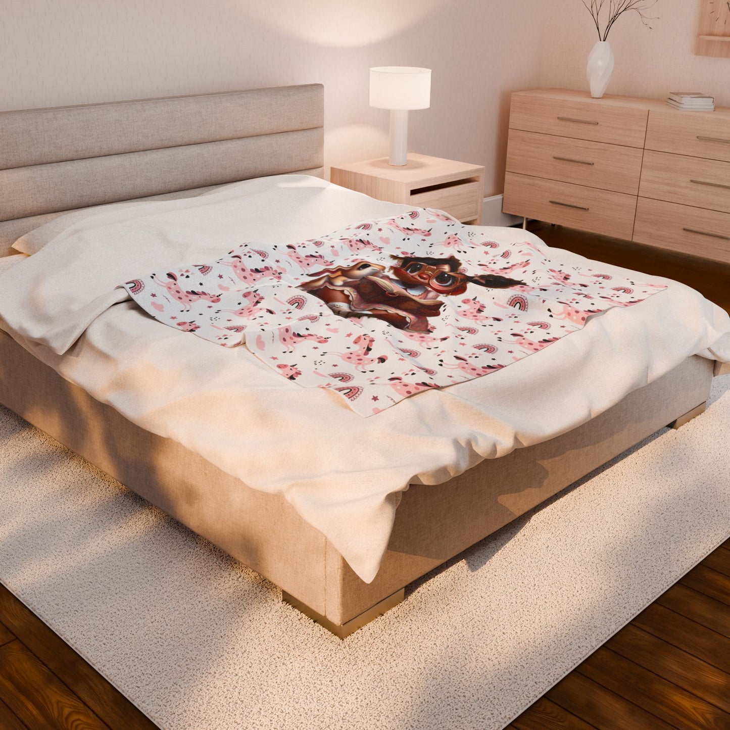 Cozy Illustrated Velveteen Plush Blanket for Kids, Cute Nursery Decor, Reading Blanket, Gift for Baby Showers, Kids' Room