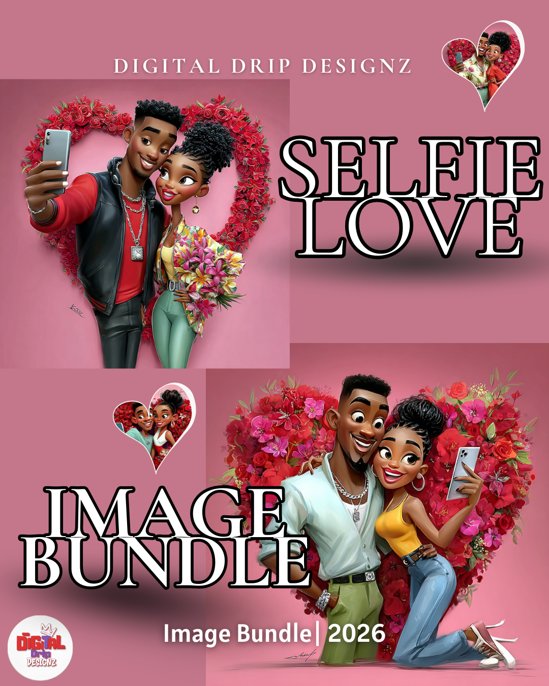 Selfie Love Valentine Image Bundle: African American Couple Selfies, stickers, cards, social posts. image