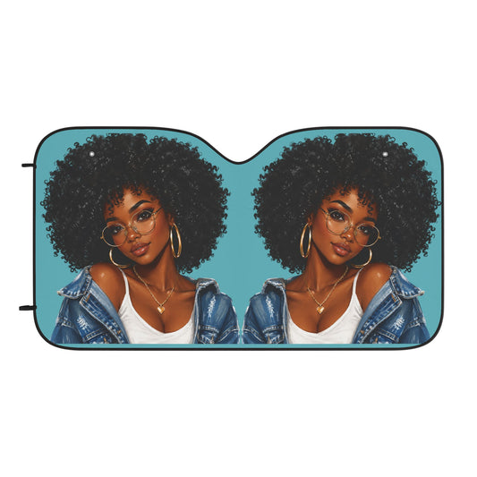 Afro Puff Girl Illustration Car Sun Shade | Front Windshield Sunshade