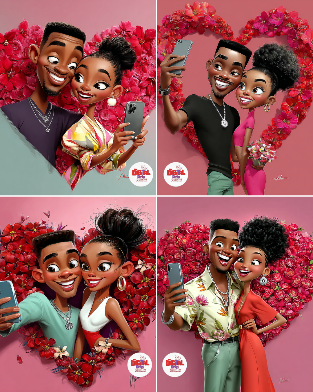 Selfie Love Valentine Image Bundle: African American Couple Selfies, stickers, cards, social posts. image